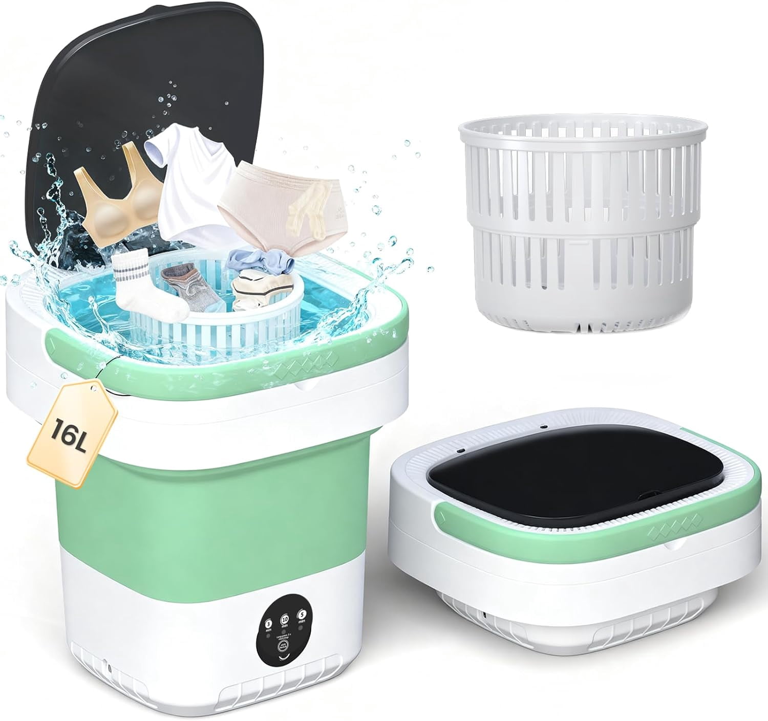 Portable Washing Machine - 16L Mini Foldable Washer with Spin Basket, 3 Cleaning Modes & Deep Cleaning for Small Clothes, Collapsible Laundry for Apartment, , Hotel and Travel (Green)