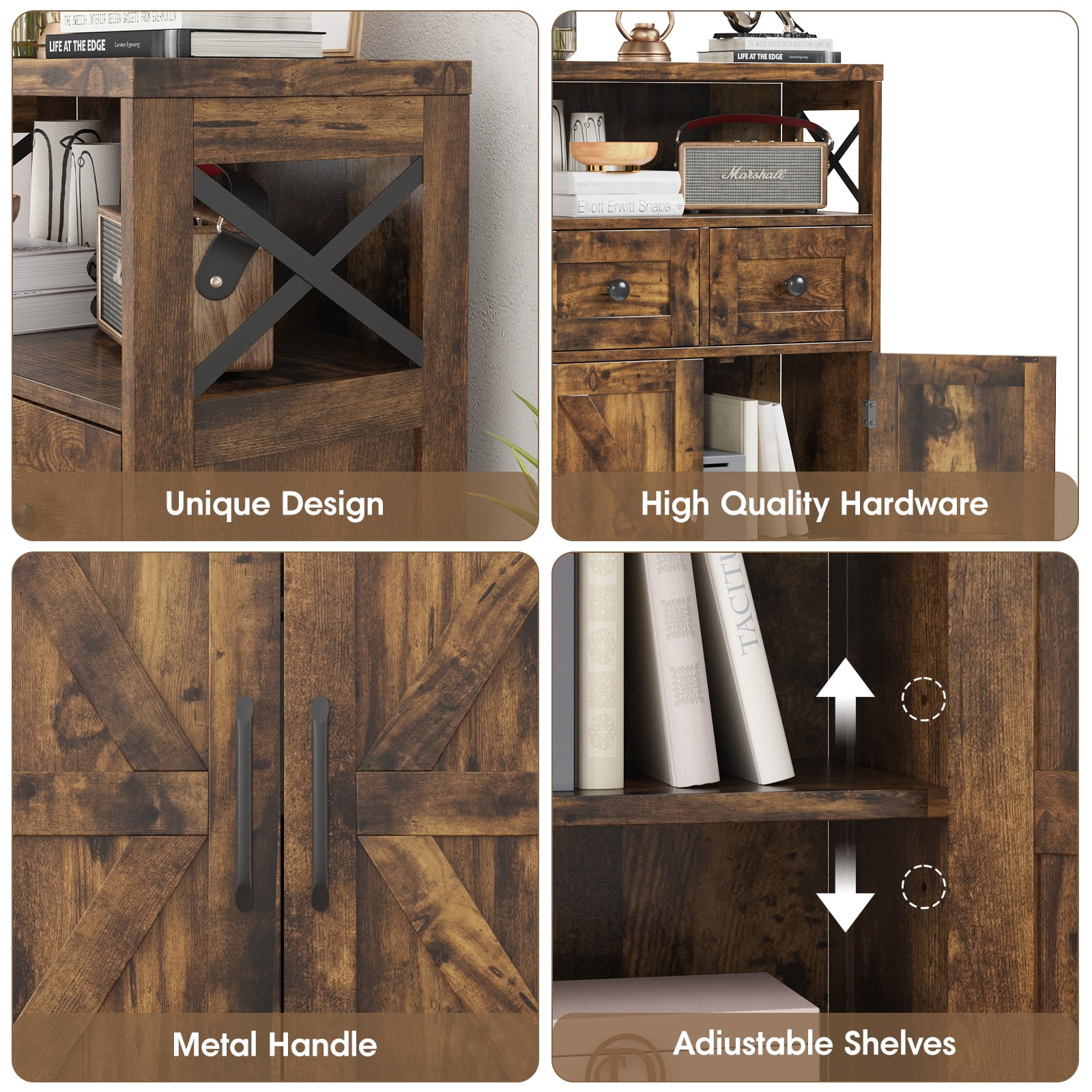 Farmhouse Storage Cabinet with Drawers and Shelves, Freestanding Kitchen Pantry Storage Cabinet, Floor Storage Cabinet Hutch Cupboard for Dining/Living Room/Home Office, Rustic Brown