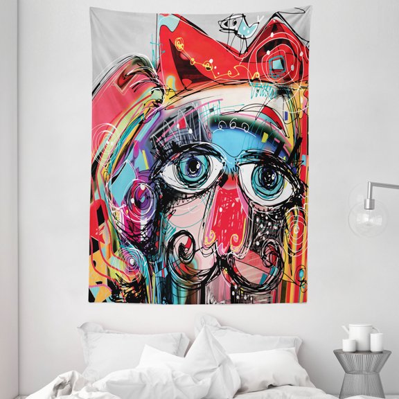 Art Decor Tapestry, Grafitti like Sketchy Colorful Painting with Human like Face Dog Animal Image , Wall Hanging for Bedroom Living Room Dorm Decor, 60W X 80L Inches, Multi Colored, by Ambesonne