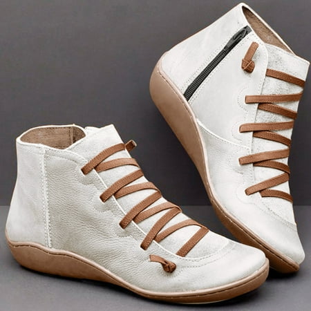 

Womens Boots Fashion Solid Ankle Casual Zipper Lace-up Women s Color Side Boots Toe Flat Round women s boots White 9 Boots for Women