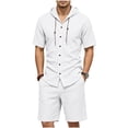thumbnail image 2 of LEKWK Men Linen Sets Outfits 2 Piece Short Sleeve Button Down Hooded Tops and Elastic Waist Shorts Lightweight Loose Fit Summer Fashion Beach Vacation Wear, 2 of 9