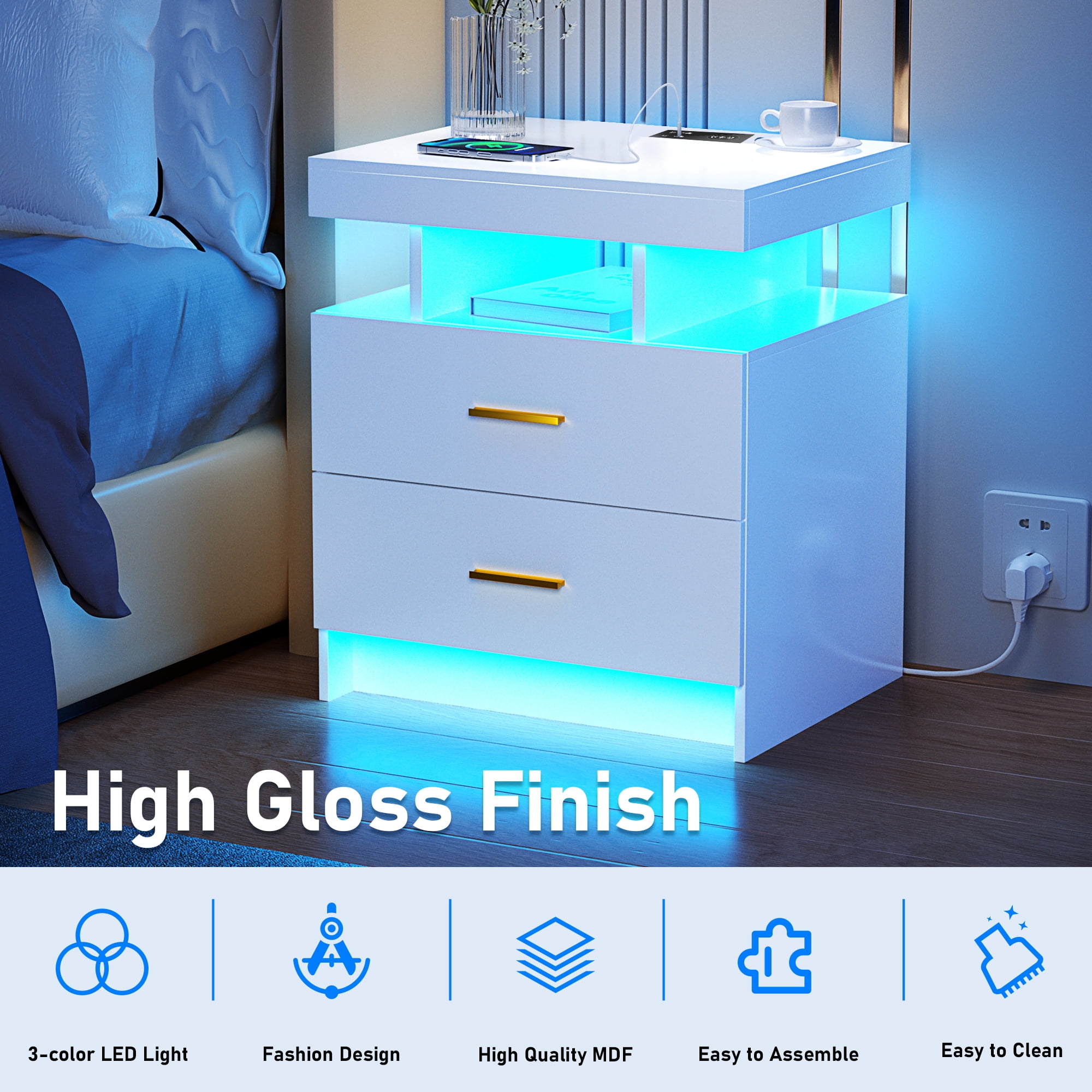 Dalattin White Nightstand with Charging Station 2 Drawers, Smart Sense End Side Table for Bedroom