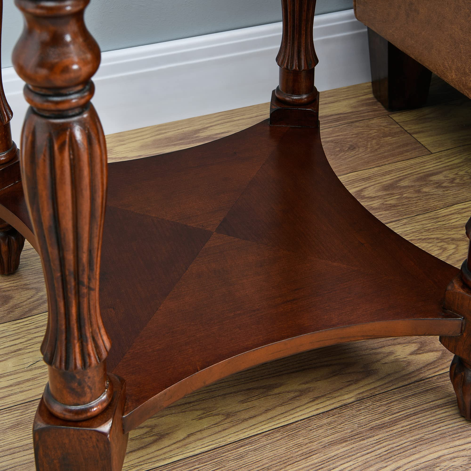 JESONVID Traditional Solid Wood Oval End Table with Tempered Glass Top，2 tier Side Table for Living Room Bedroom,Cherry Walnut
