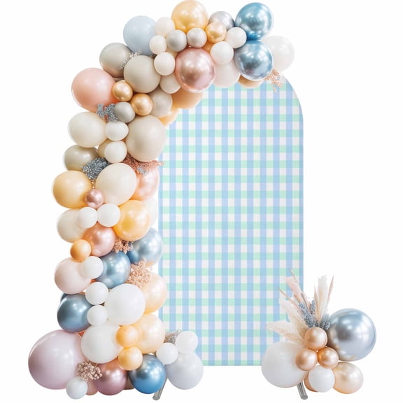 Aqua Blue Green Arch Backdrop Cover 5x2.1 Ft, Spandex Wedding Arch Stand Cover, Checkered Plaid Gingham Lattice Trellis Round Top Stretch Fitted Background Covers for Birthday Ceremony Party Decor