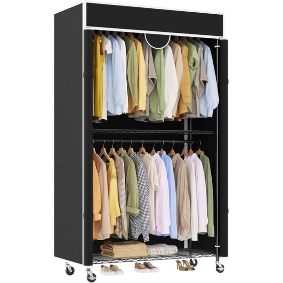 Heavy Duty Portable Closet Wardrobe with Cover, Carbon Steel Clothes Rack with Shelves and Wheels, 485 lbs Dustproof Storage Organizer for Bedroom Laundry