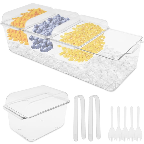 Ikoopy Ice Chilled Condiment Caddy with 4 Containers Transparent Condiment Server with Separate Lids for Bar Accessories Fruit Salad Taco Party Garnish