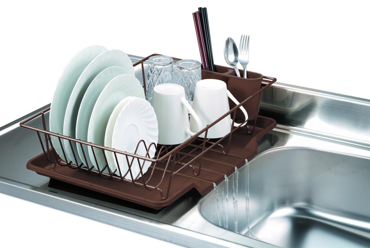 Home Basics 3 Piece Rust-Resistant Vinyl Dish Drainer with Self-Draining Drip Tray, Brown