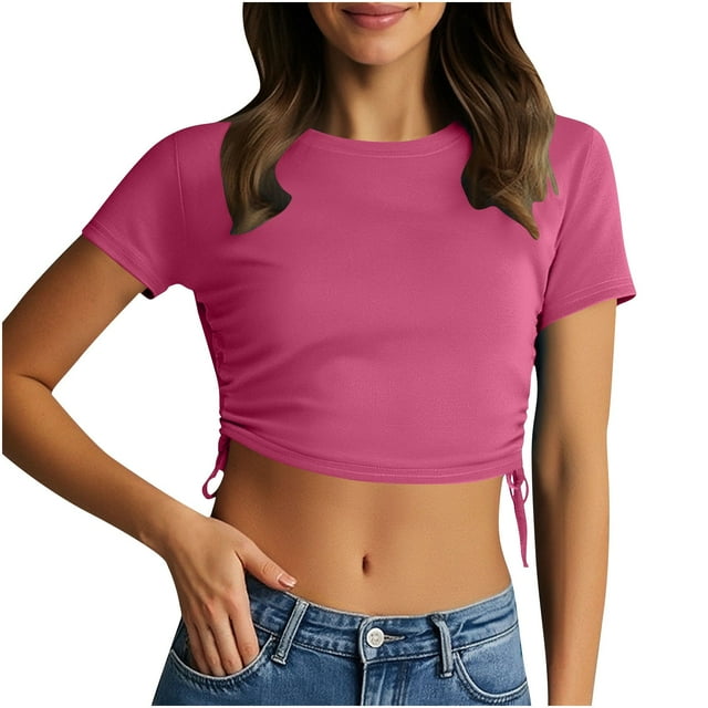 hotojiny Hauts Courts pour Femmes Doux Col Rond Manches Courtes Cordon Latéral Chemise Ajustée Unie Extensible Sortie Mode Urbaine Été Tendance