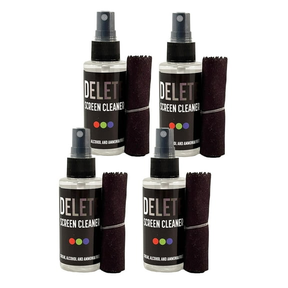 Delete Screen Cleaner Spray Kit, 4 Pack, 2oz Bottle and 12"x12" Microfiber Cleaning Cloth, Streak-Free, Safe and Gentle Formula, Multi-Purpose for Travel, Small TVs, Cameras, Laptops, Phones