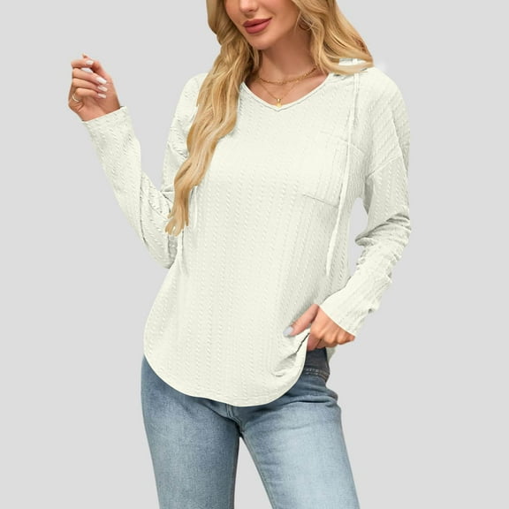 Miluxas Women's V Neck Hoodies Solid Color Knitted Jacquard Long Sleeve Sweatshirt Drawstring Pullover Tops with Pocket White XL(XL)