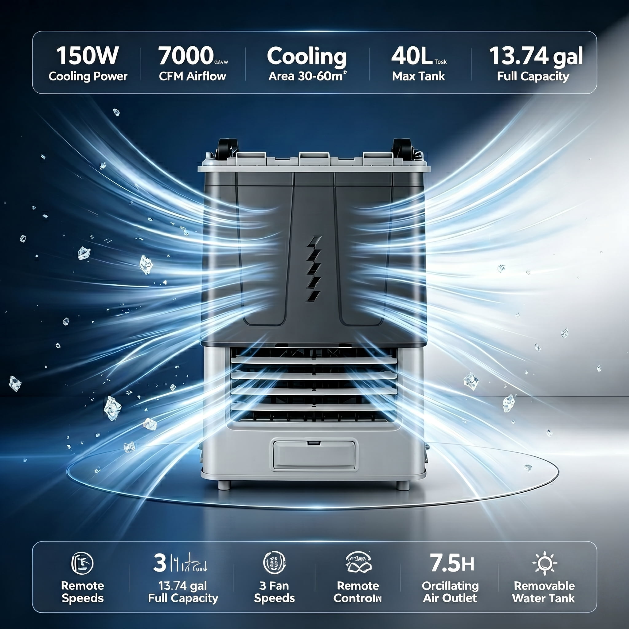 Portable Air Conditioners,7000 CFM Swamp Cooler with3 Speed, 120°Swing, 7.5H Timer, 13.74-Gallon Water Tank Evaporative Air Cooler Long Cooling for Garage, Yard, Indoor