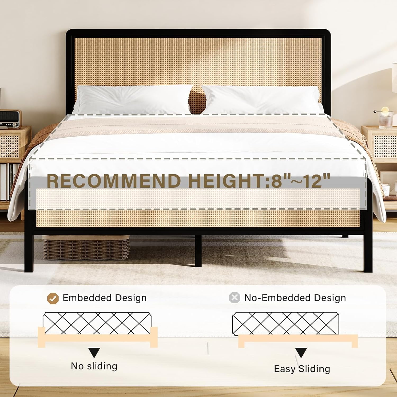 4 EVER WINNER Twin Size Bed Frame, Rattan Bed Frame with Natural Rattan Headboard and Footboard, No Box Spring Needed, Black