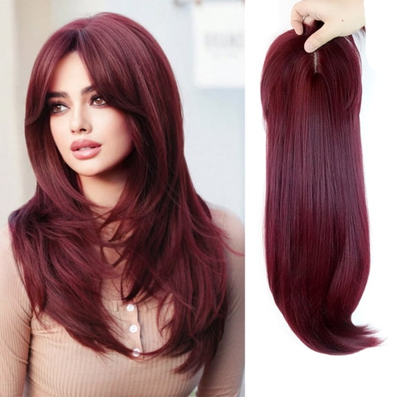 Nvzi 22 inch wig with bangs, 1 heat-resistant synthetic wig, pre made natural appearance lightweight wig, suitable for parties and daily use, Dark Red