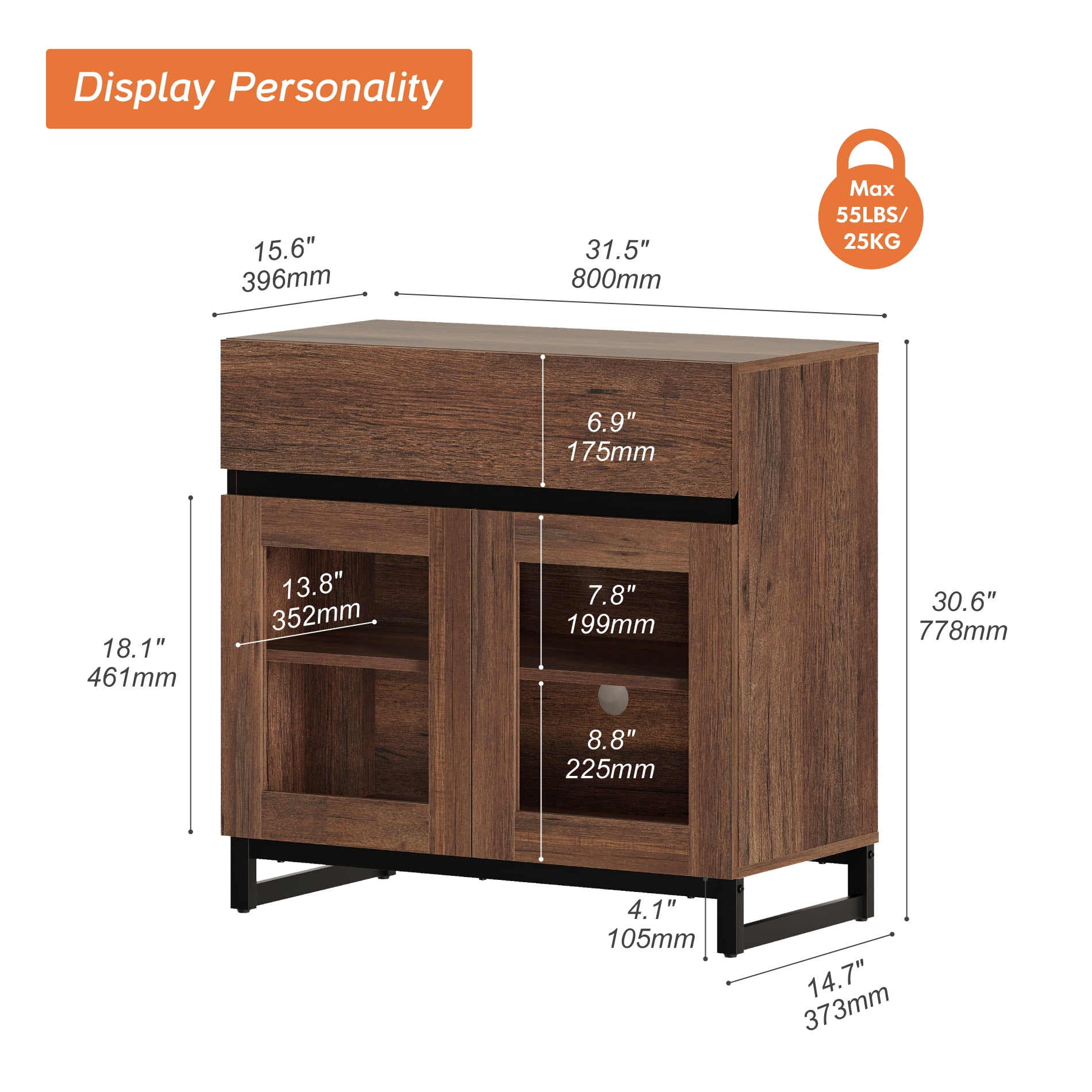 Modern TV Stand with Glass Door & 1 Drawer, Metal Base Entertainment Console for 32-40 Inch TVs, Media Console for Living Room & Bedroom,Brown