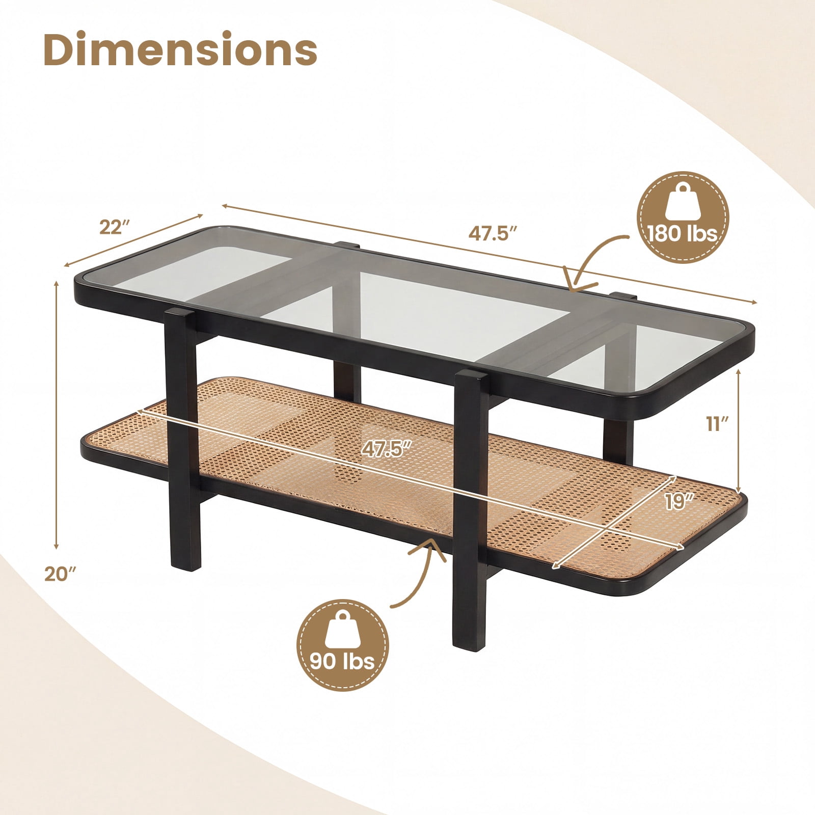 Costway 2-Tier Coffee Table with Storage, Tempered Glass Top, PE Rattan Shelf & Wood Frame Black & Natural