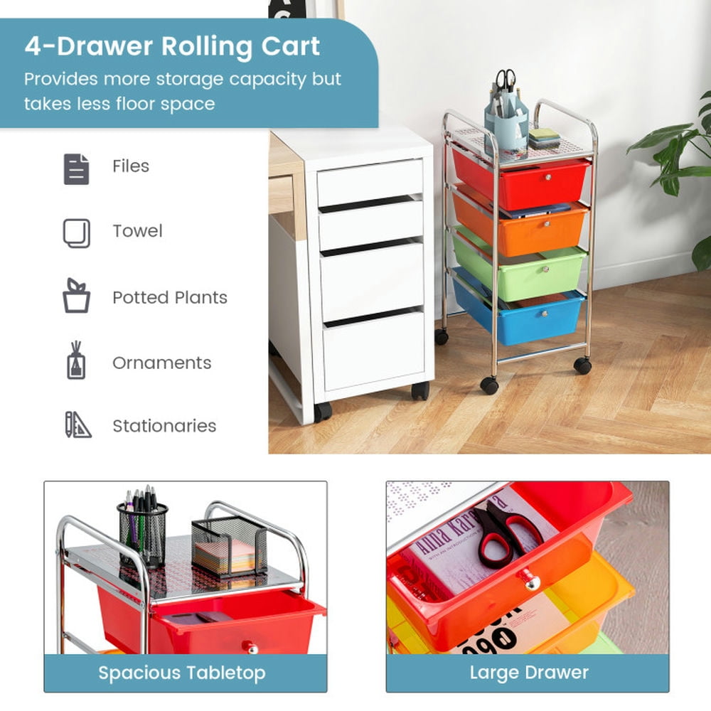 Demi Bonn 4-Drawer Cart Storage Bin Organizer Rolling with 4 Universal Casters, Transparent Multicolor