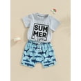 thumbnail image 3 of Cenuakty Infant Boys Summer Clothes Outfits Letter Print Crew Neck Short Sleeve T-Shirts and Baseball/Shark/Dinosaur Print Shorts Suit, 3 of 8
