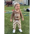 thumbnail image 4 of Loicainy Infant Baby Boy Fall Outfits 3 6 12 18 Months Football Letter Embroidered Long Sleeve Romper Pants and Knot Hat 3 Piece Clothes Set, 4 of 8