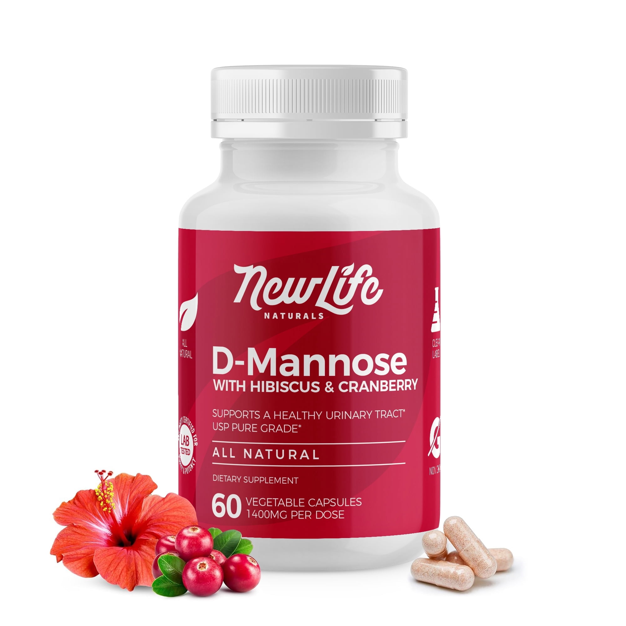 NewLife Naturals D Mannose Capsules with Cranberry for Urinary Tract Relief UTI - 1400mg - 60 Count