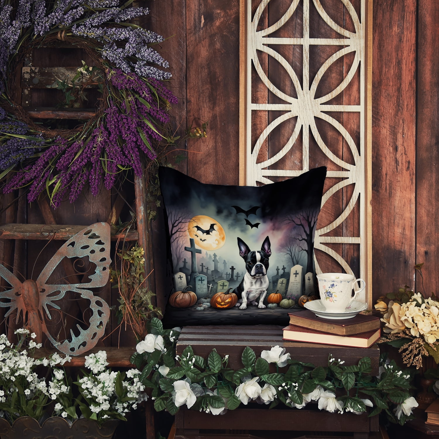 Boston Terrier Spooky Halloween Fabric Decorative Pillow 14 in x 14 in