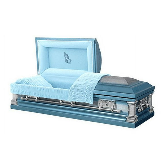 Overnight Caskets Praying Hands Funeral Metal Casket Blue with Blue Velvet Interior - Premium 18 Gauge Steel