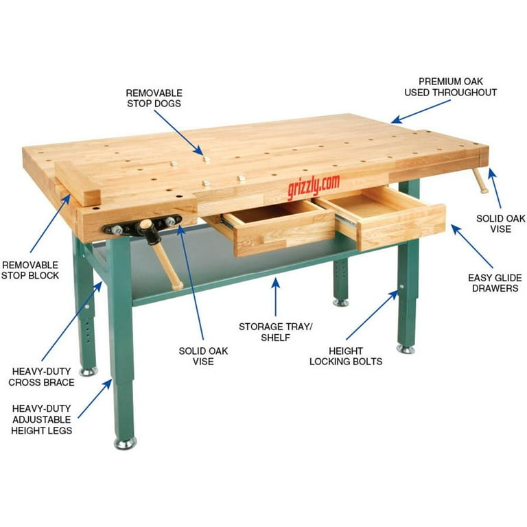Grizzly T10157 Heavy Duty Oak Workbench with Steel Legs