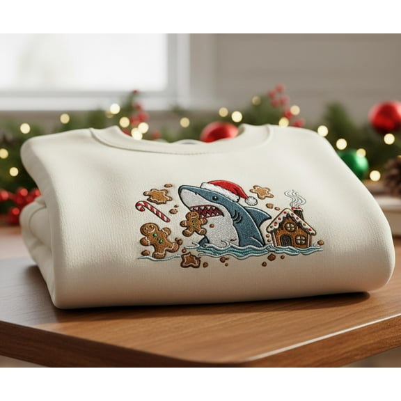Embroidered Santa Shark Gingerbread Sweatshirt: Funny Christmas Crewneck