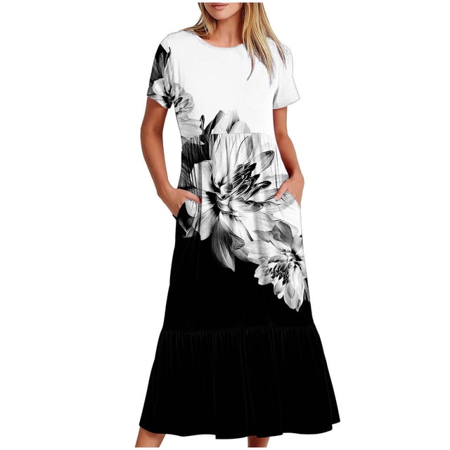 Fankiway Robe Longue d'Été pour Femmes à Manches Courtes, Col Rond, Ample, Imprimée de Fleurs, Grande Taille, Liquidation