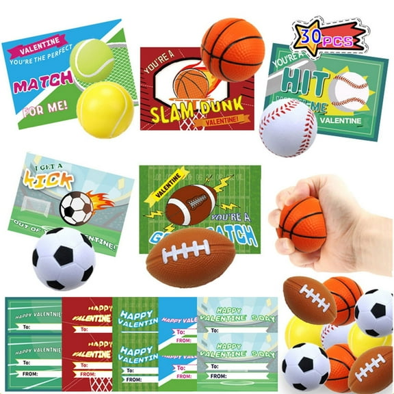 Meottam 30 Sets Squeeze Sports Ball Toys with Valentines Day Gift Cards for Classroom Exchange Prizes, Stress Relief, Valentine Party Favor Toys