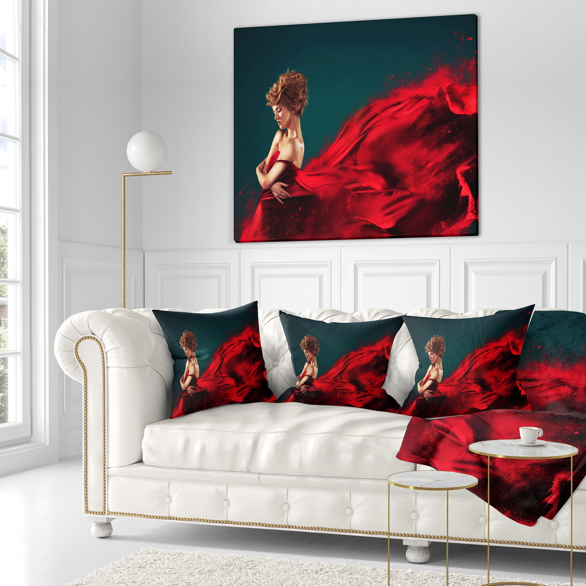 Designart Woman in Flying Red Dress - Abstract Portrait Throw Pillow - 16x16