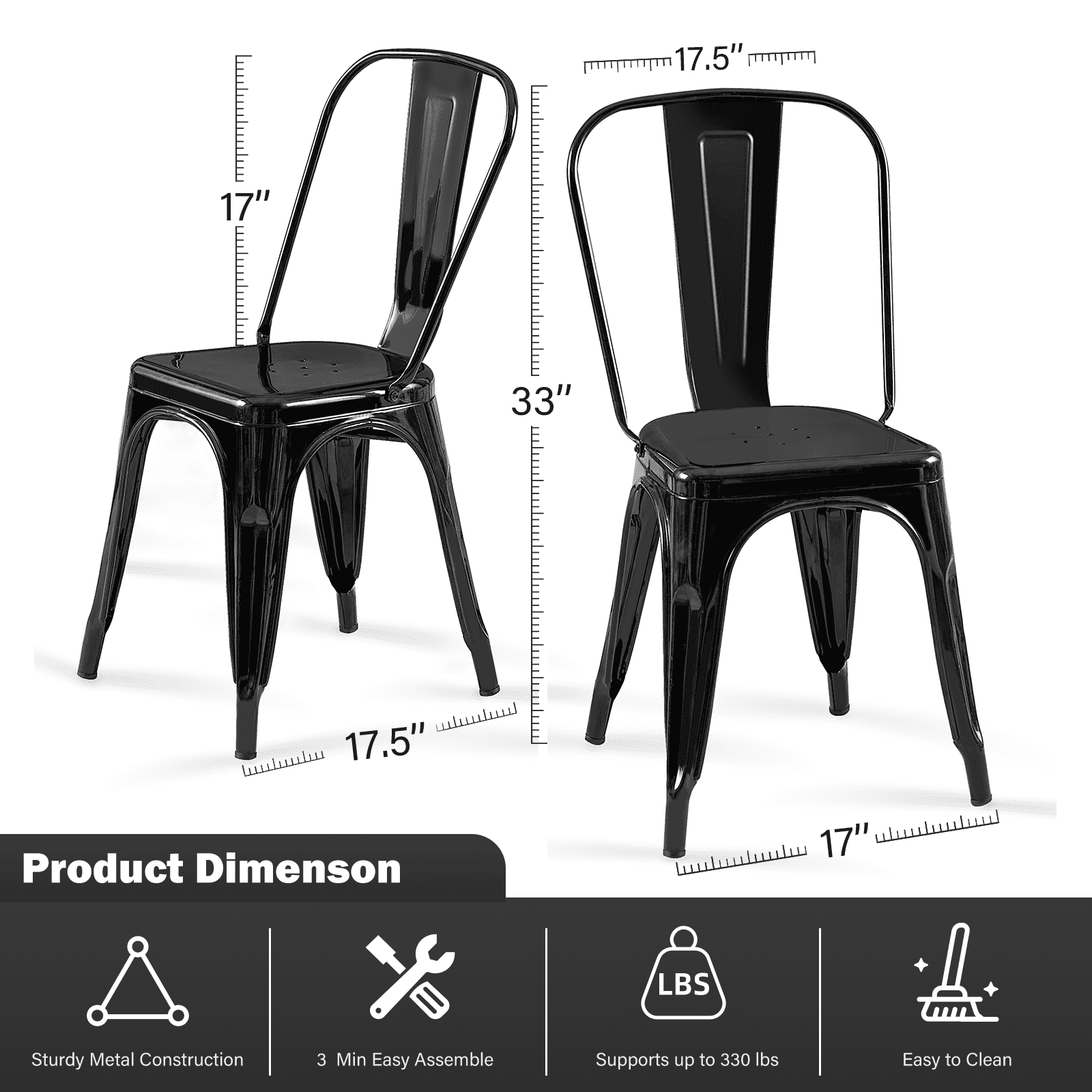 SOLEGGIATA Metal Dining Chairs Set Of 4 Stackable Tolix Style Indoor Outdoor Patio Kitchen Obsidian Black