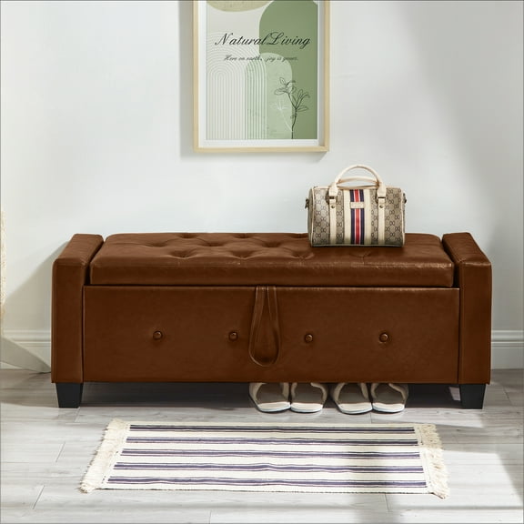 QianYueLUX 48“ Storage Ottoman Bench, Upholstered Button-Tufted End of Bed Bench with Safety Hinge & Solid Wood Legs, Foot Rest for Living Room, Bedroom, Hallway (Faux Leather, Brown)