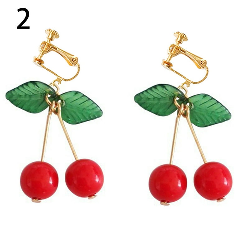Grandest Birch Sweet Fruit Green Leaf Red Cherry Dangle Women Ear