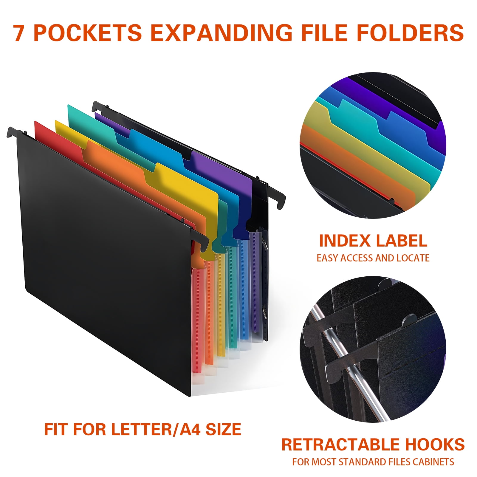 Ktinnead 3 Pack Expanding Hanging File Folders for Filing Cabinet 7 Pockets Accordian Dividers Folder Multi-Color Tabs Large Capacity Hanging Organizer Letter Size for Office Home