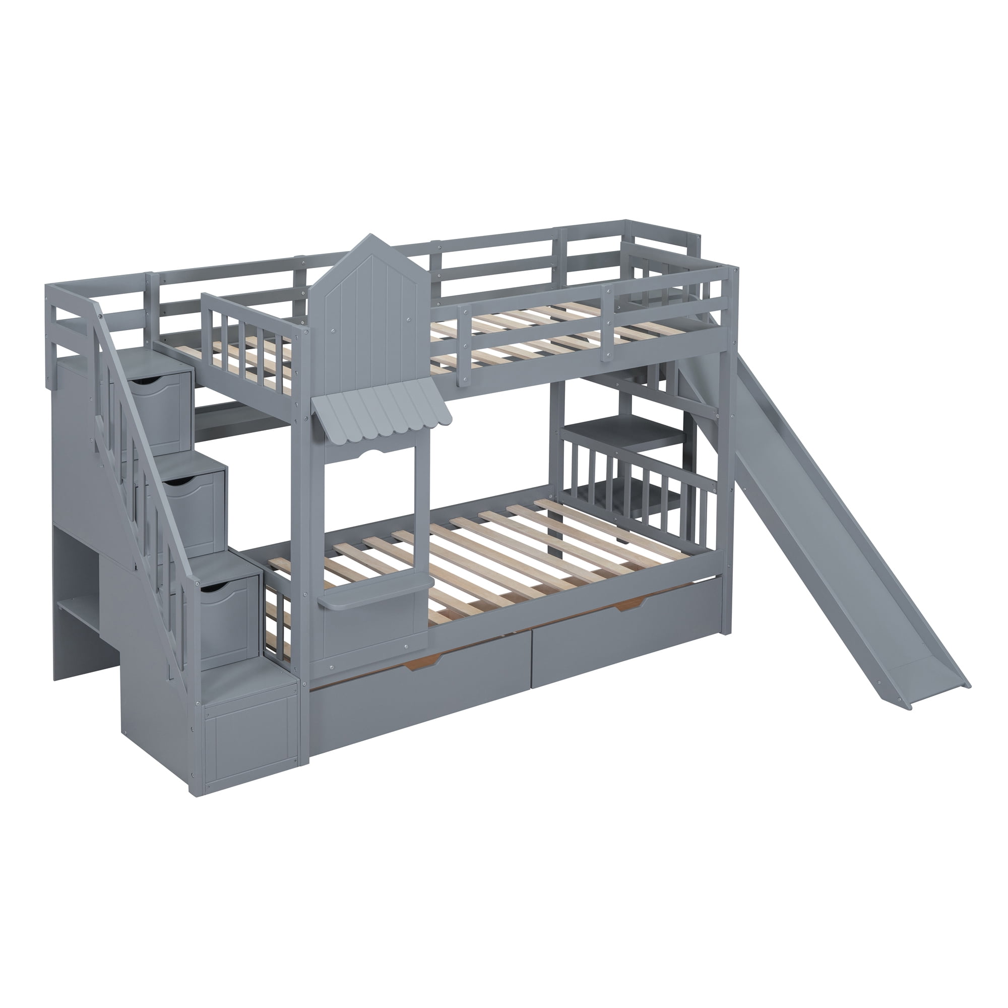 Twin over Twin Castle Style Bunk Bed with Slide and 2 Drawers, Solid Wood Princess Bed House Bunk Bed with Storage Shelves, Storage Staircase and Ladder