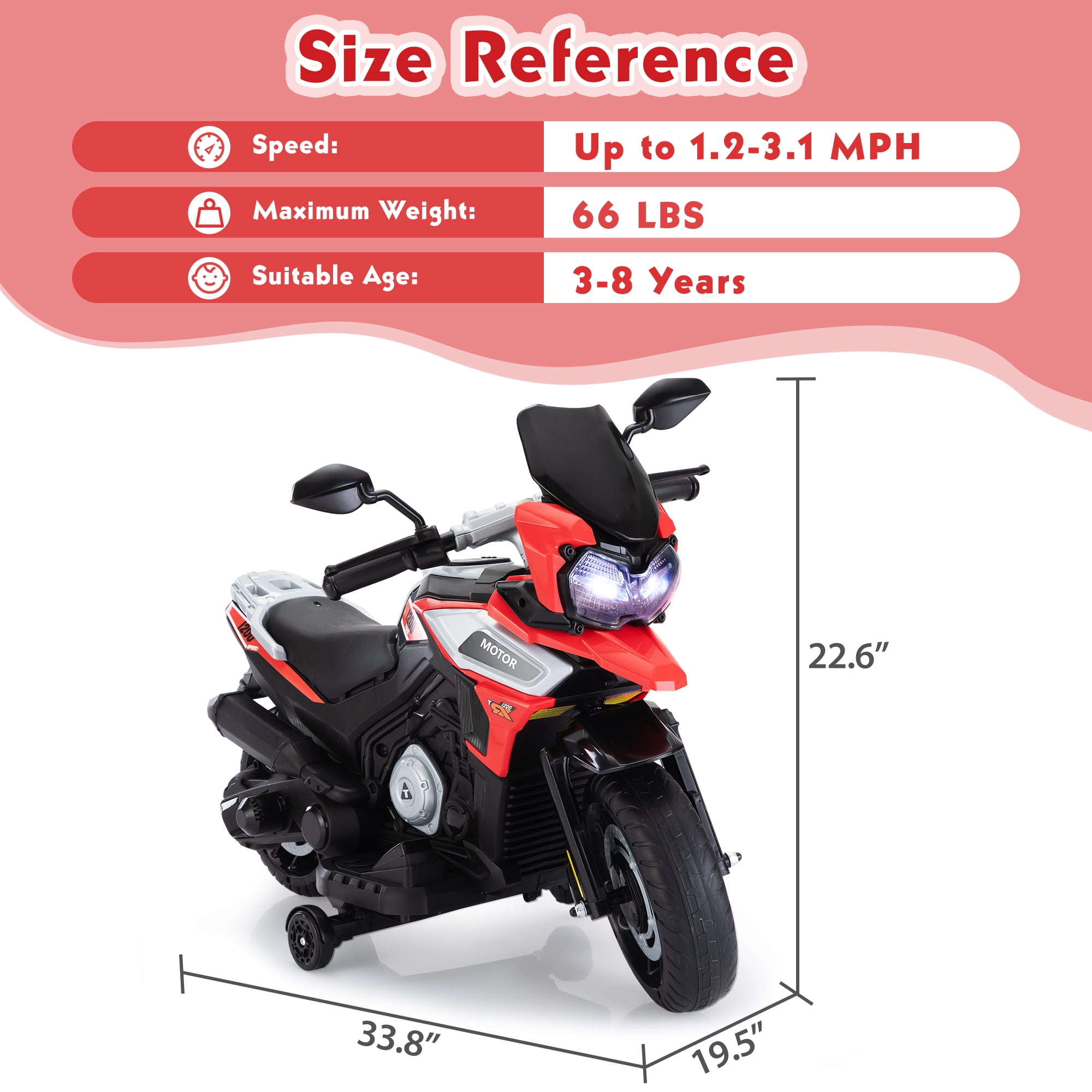 Electric Motorcycle for Kids Dirt Bike by TOBBI 12V Battery Powered Ride On Toy Rechargeable Motorbike w/Training Wheels Gift for Toddler Boys Girls Aged 3-6, Red