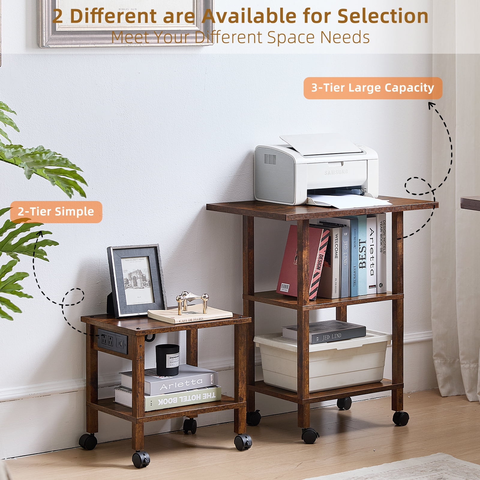 LEYAOYAO 2-Tier Printer Stand for Desk with Storage, Wooden Desktop Organizer Shelf & Charging Station, Saves Space for Home Office, Brown