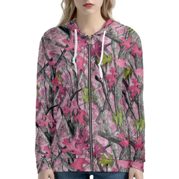 Renewold Pink Sweatshirt Full Zip Up Hoodies for Women Size 4XL Forest Camo Design Polyester Fabric Durable Tops Outdoor Wild Active Jacket with Pocket