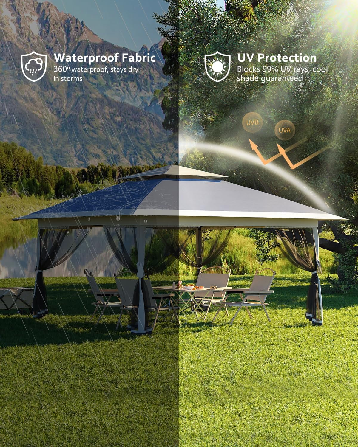 Roromall 12x12 Canopy Tent, Pop Up Canopy Gazebo with Mosquito Netting, Outdoor Gazebo with 4 Sandbags & Wheeled Bag, for Backyard & Patio Furniture, Patio, Deck