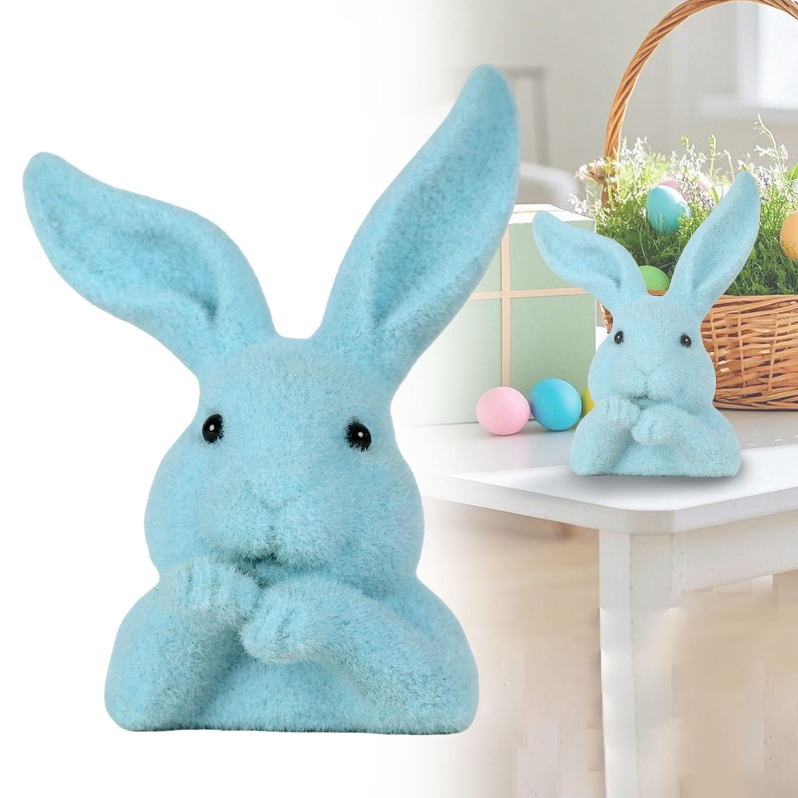1 Pcs Faux Moss Flocking Rabbits Head Figurine, Easter Bunny Figurines, Cute Standing Flocking Rabbit Desk Ornament Bunny Statue Home Decor Table Centerpiece