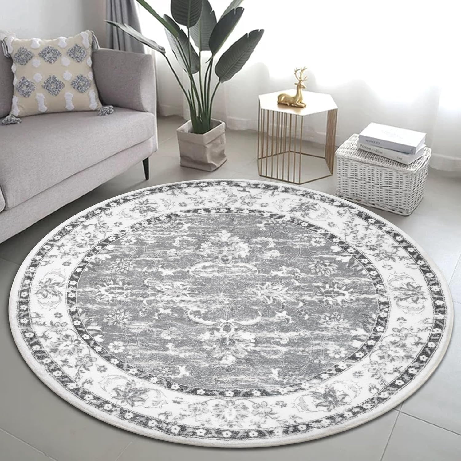 MJIAexp 4ft Mandala Boho Round Rug Circle Rug Non-Slip Machine Washable Area Rug Soft Bedroom Rug Throw Rug Vintage Carpet for Living Room Kitchen Dorm Coffee Table Distressed Gray