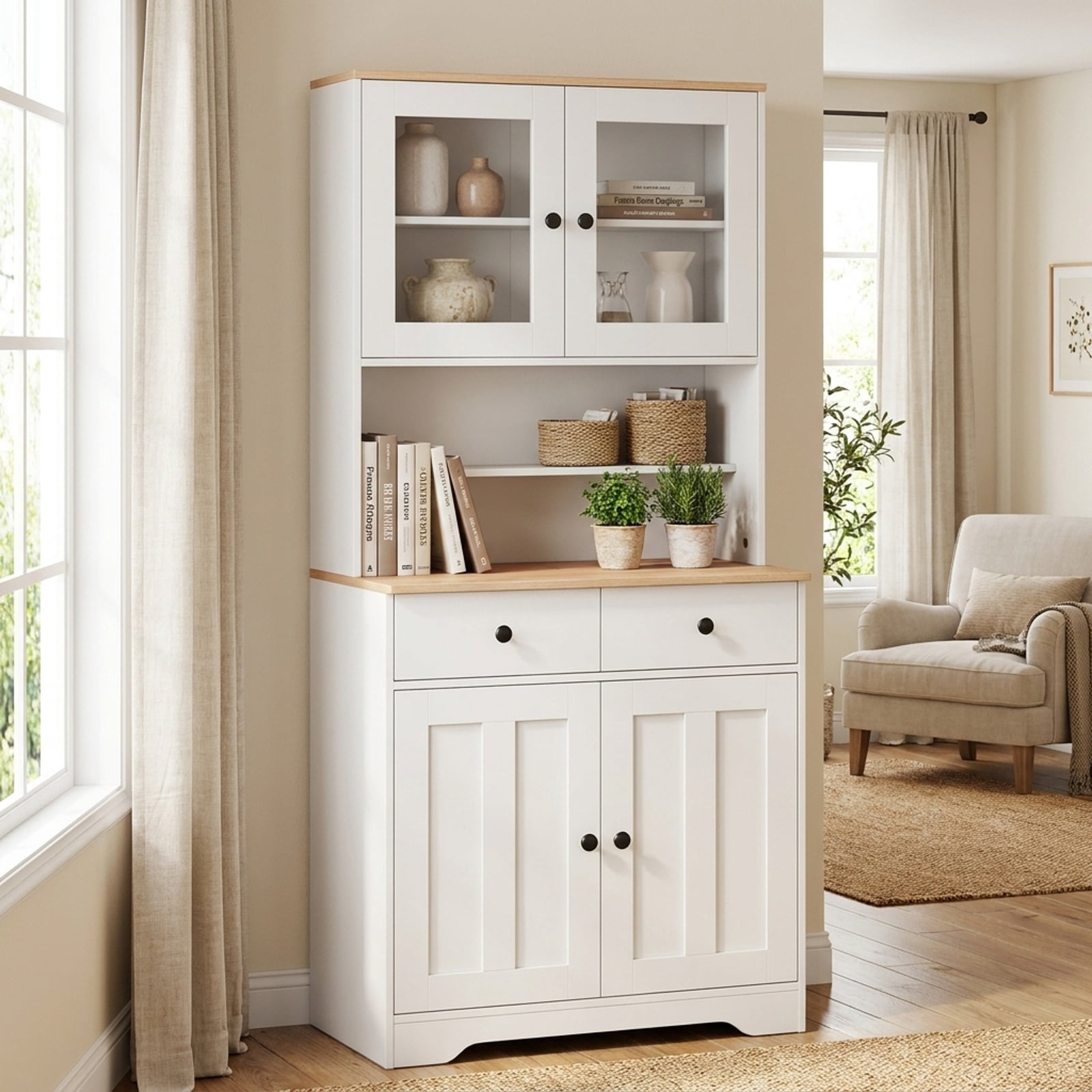 Furnibear Tall Kitchen Pantry Cabinet with Glass Doors 2 Drawers Adjustable Shelves and Countertop Freestanding Storage Cabinet for Kitchen, White