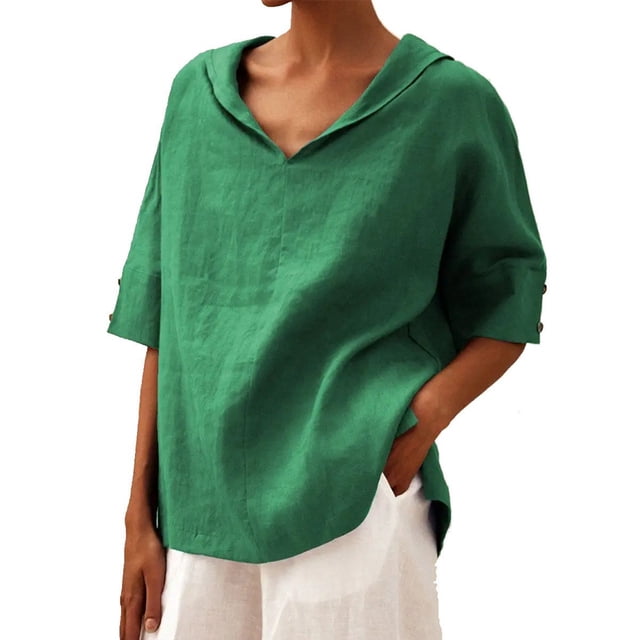 2025 New Women's Solid Color Linen Loose Top - Casual, Suitable for Beach and Daily Wear