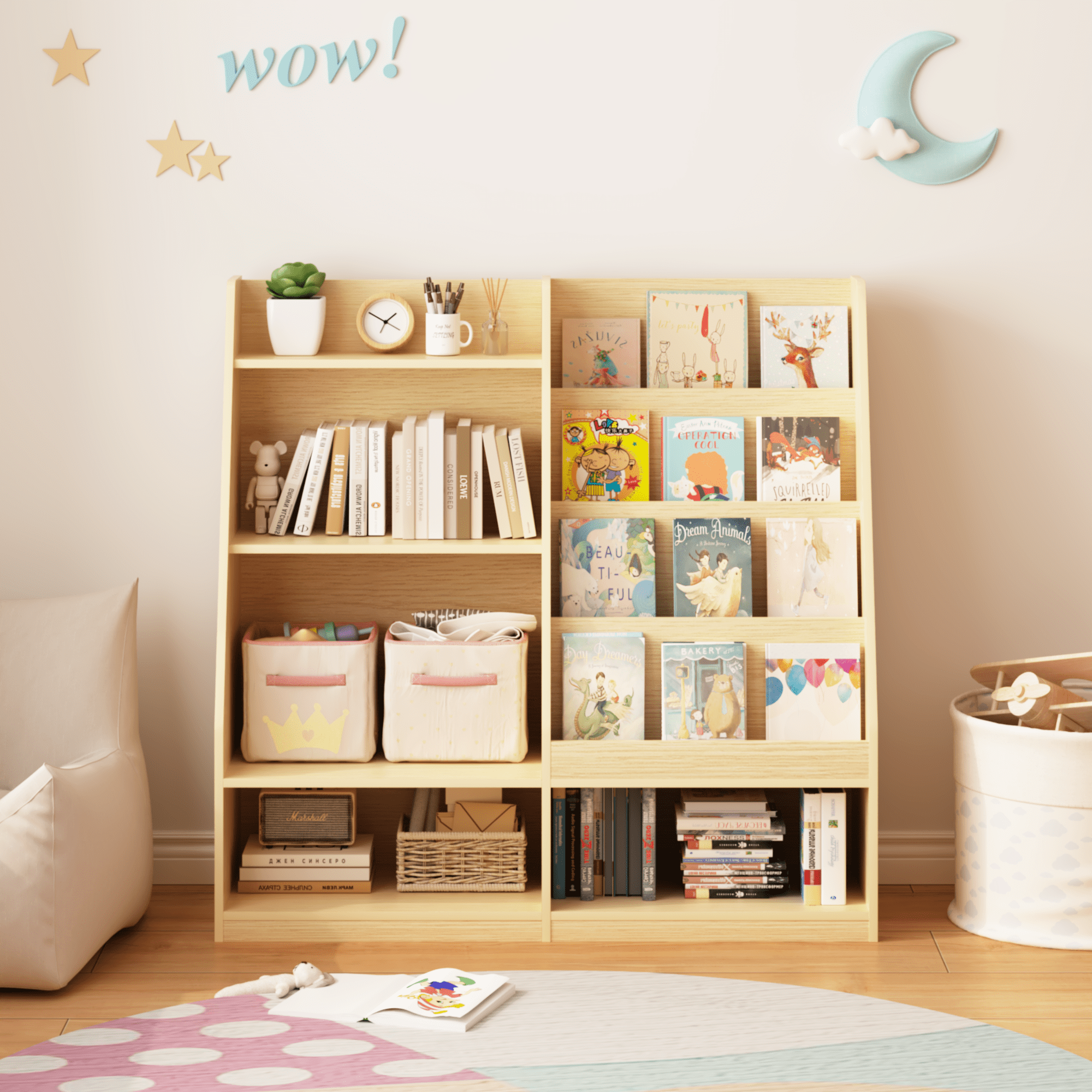 White Kids Bookshelf with Toy Storage Bin 2-Tier Display Childrens Room Organizer