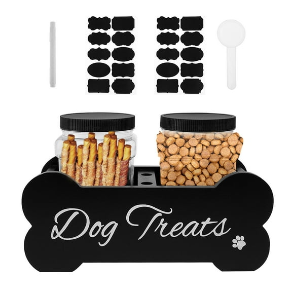 Dog Treat Container with 2 Plastic Treat Jars Wood Dog Food Container Bone Shape Dog Food Storage Container Practical Cat Food Container for Dog Food Storage Black