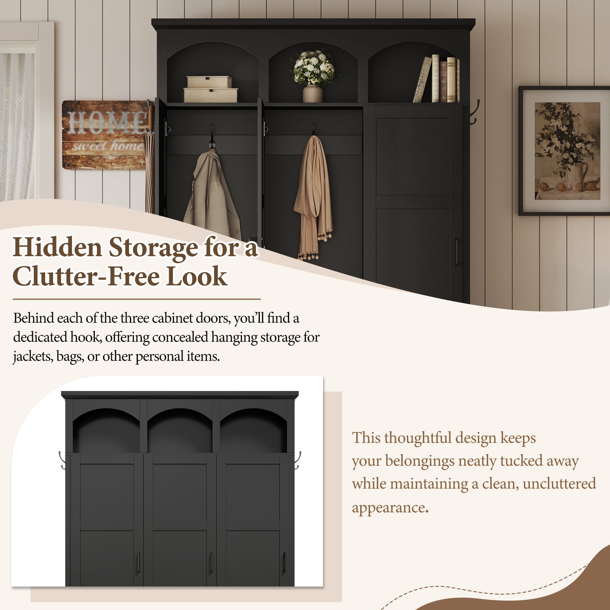 Homy Casa 49.2" Entryway Hall Tree with Bench, Storage Doors, Hooks & Lower Cubbies, Black
