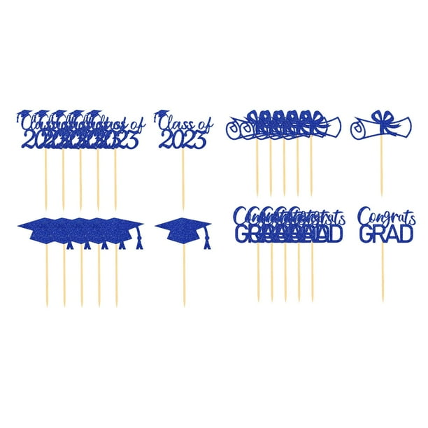 24 piezas de palillos para cupcakes, decoraciones para tartas, suministros para fiestas, felicitaciones, graduados, bricolaje, inserto para tarta Azul