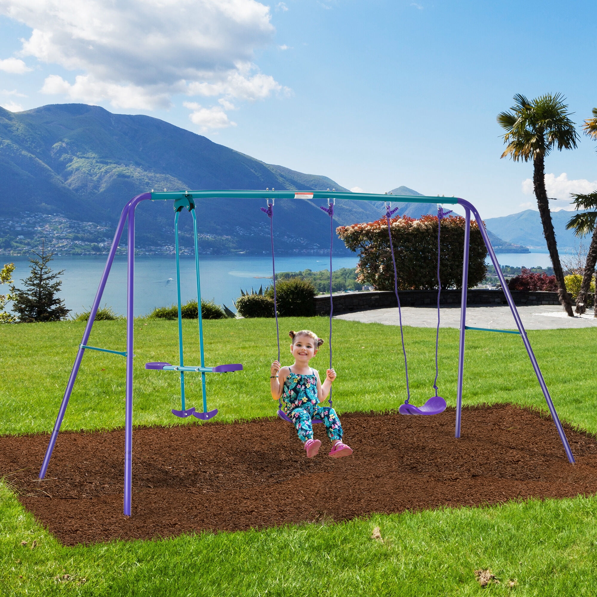 396lb Capacity Purple Metal Swing Set - Outdoor A-Frame Playset with Glider & 2 Adjustable Swings (110.3"L x 55"W x 70"H)