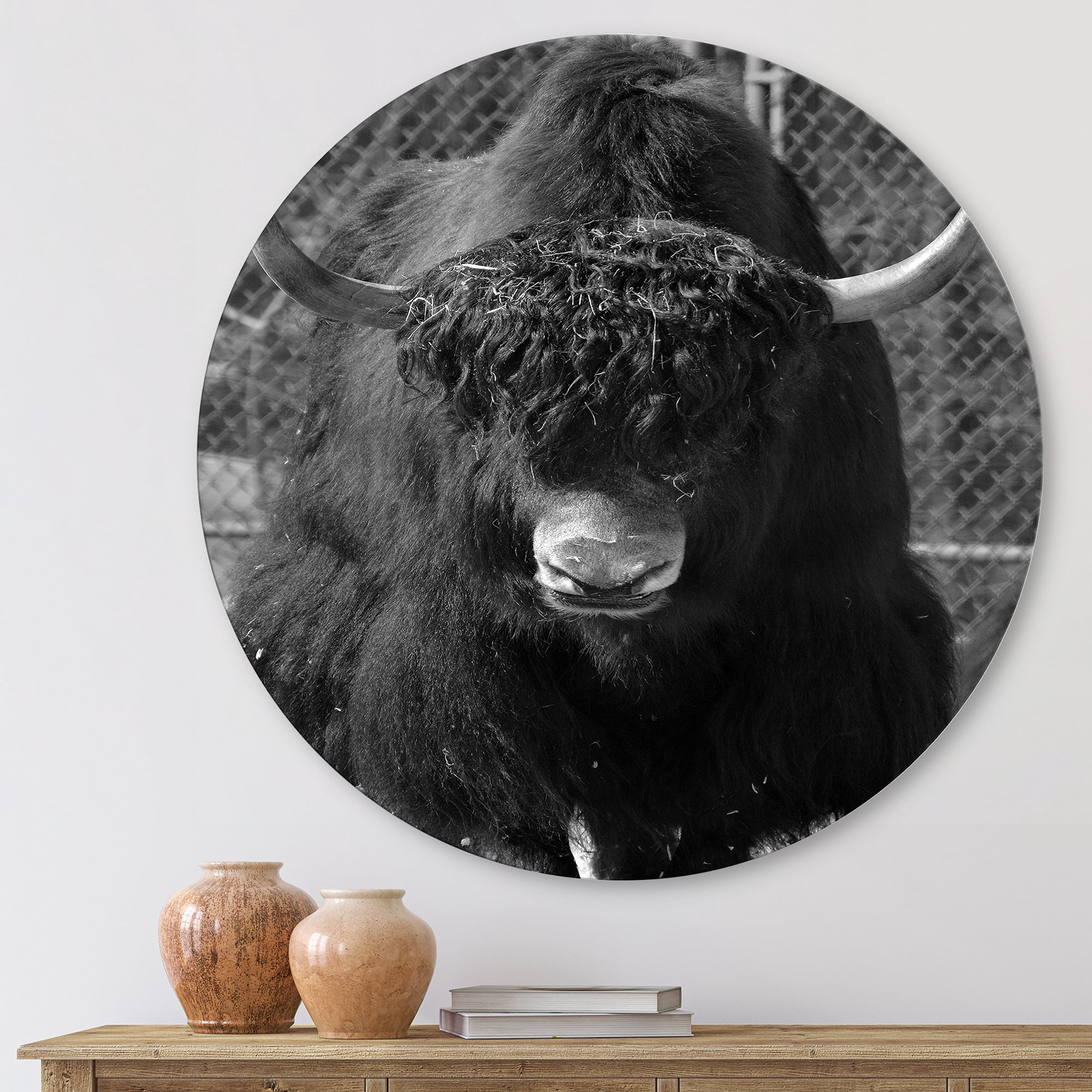 Designart 'Portrait Of Monochrome Wild Bull In Winter Forest II' Farmhouse Circle Metal Wall Art 11x11 - Disc of 11