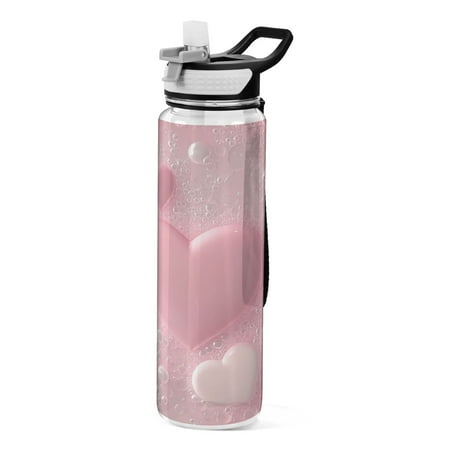 

32oz Transparent Sports Water Bottle with Straw BPA Free Tritan for Kids Adults Outdoor School Gym Fitness Pink Heart Bubbles